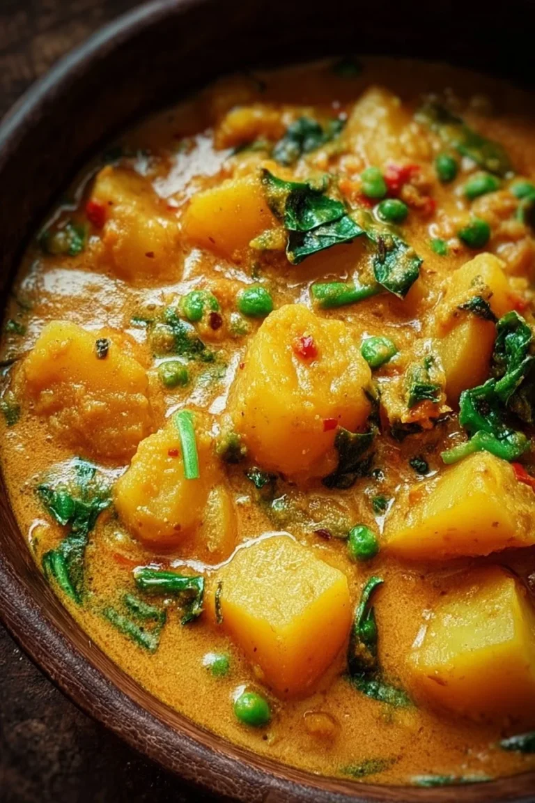 Delicious homemade Potato Curry served in a bowl with rice and spices.
