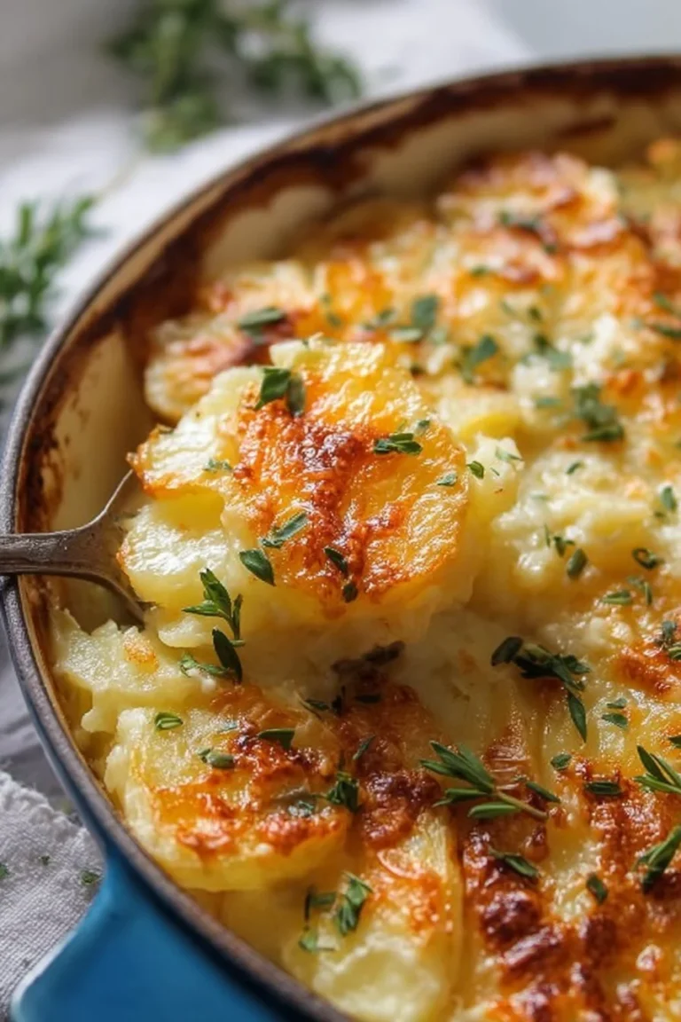 Delicious serving of Potatoes Romanoff topped with cheese and herbs
