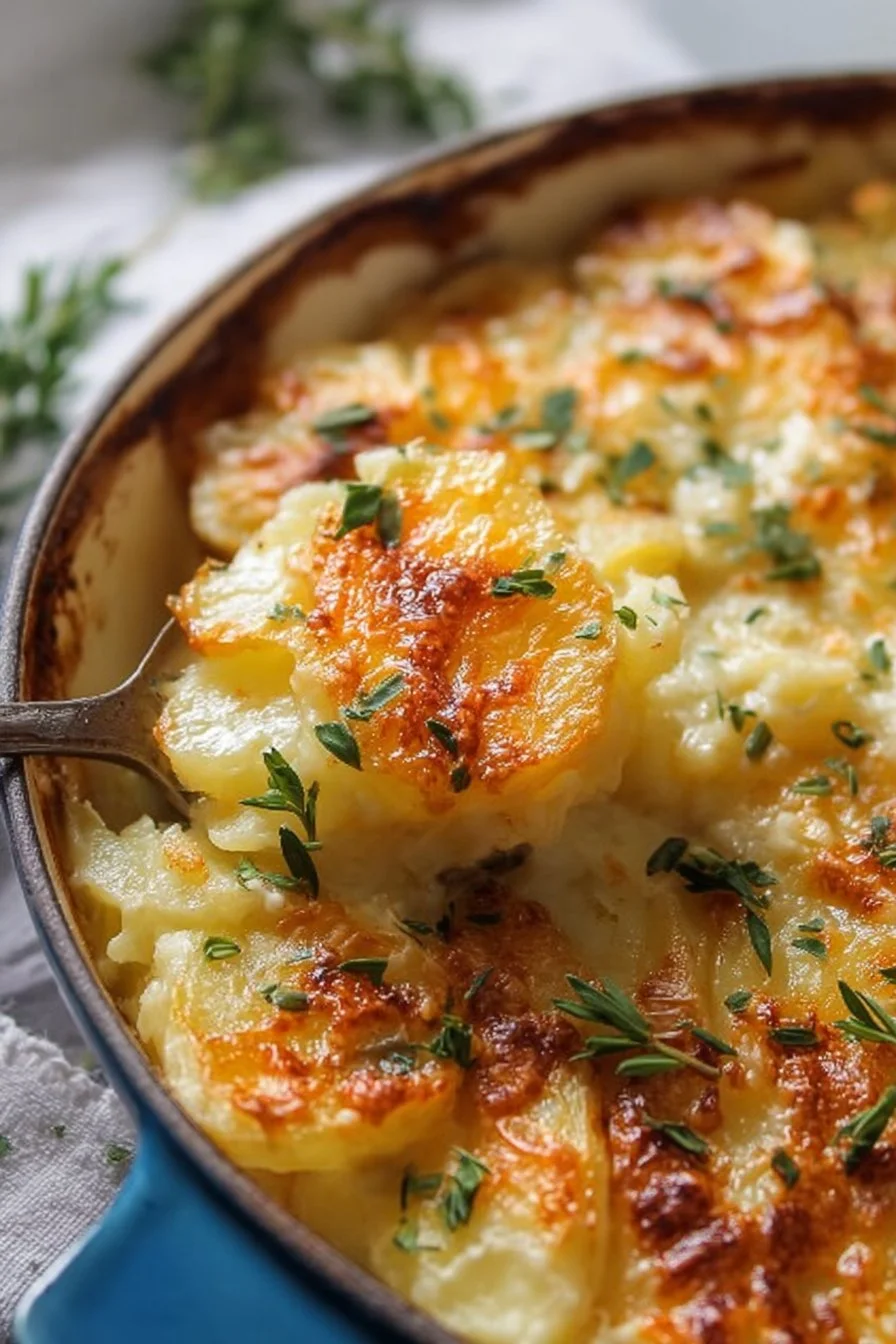 Delicious serving of Potatoes Romanoff topped with cheese and herbs