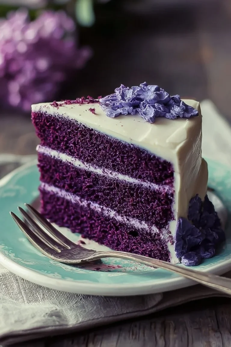 Delicious Purple Velvet Cake topped with Cream Cheese Frosting on a rustic table.