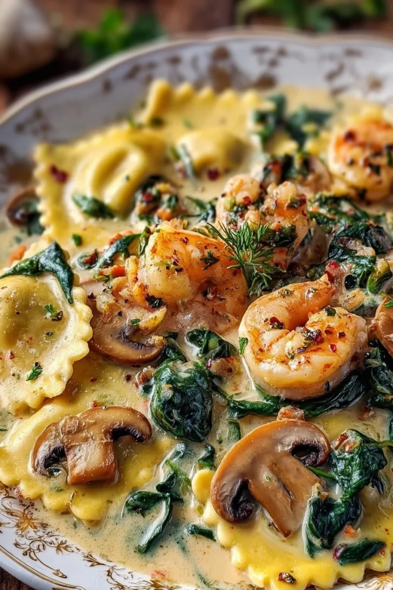 Ravioli with seafood, spinach, and mushrooms in garlic cream sauce on a plate