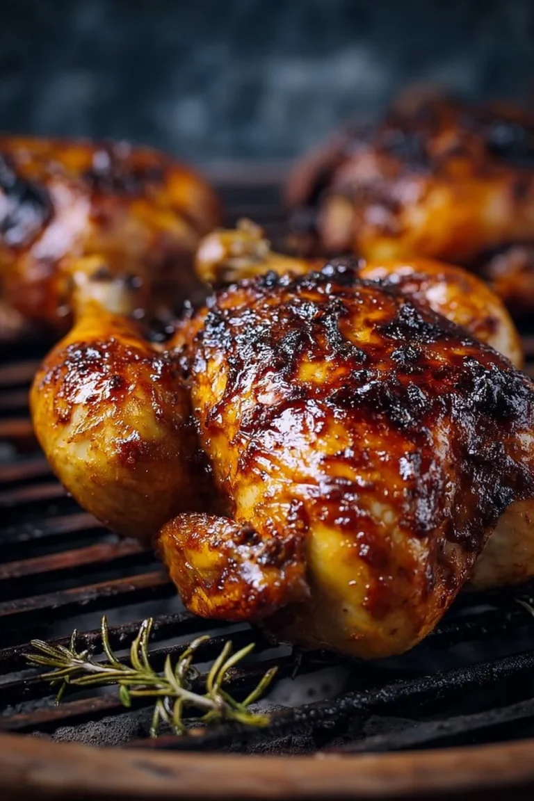 Golden brown roast chicken served with herbs and vegetables on a platter