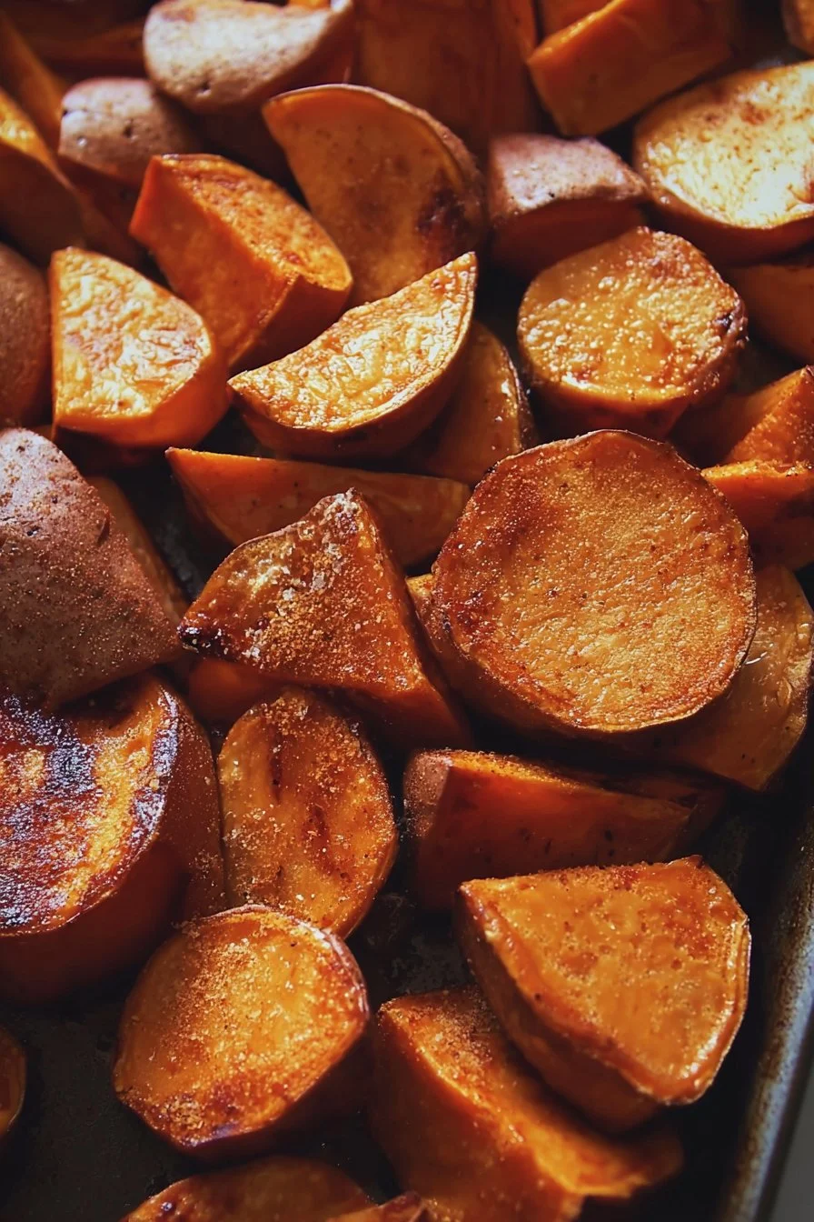 Plate of Roasted Apple Cinnamon Sweet Potatoes garnished with herbs