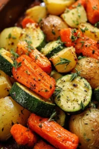 Plate of roasted potatoes, carrots, and zucchini seasoned and cooked to perfection
