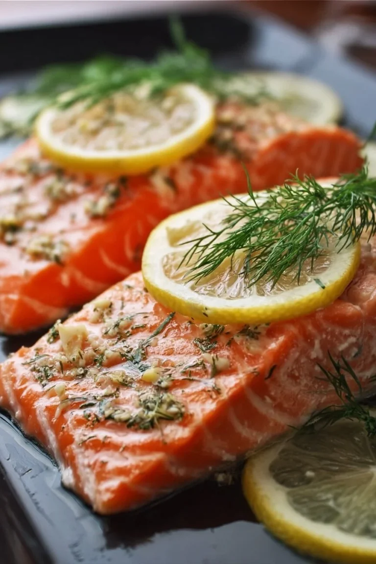 Plate of salmon garnished with lemon slices and fresh dill.