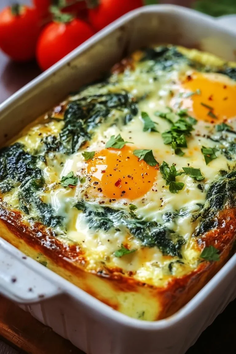 Savory spinach mozzarella egg bake garnished with fresh herbs