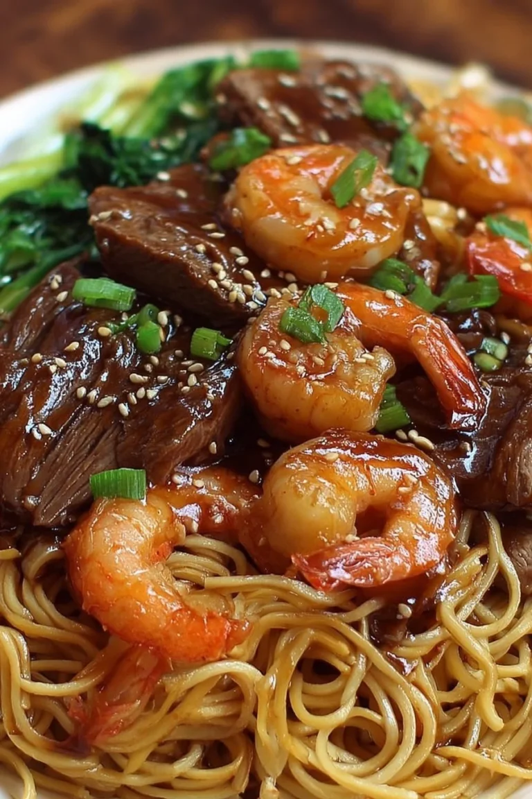 Delicious Shrimp Teriyaki Steak Noodles served in a bowl