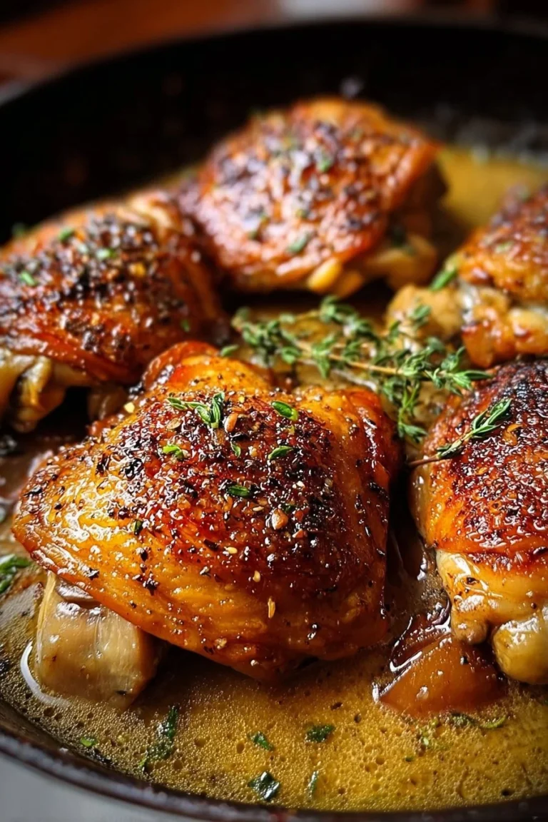 Delicious skillet chicken thighs perfectly cooked in a cast iron skillet.
