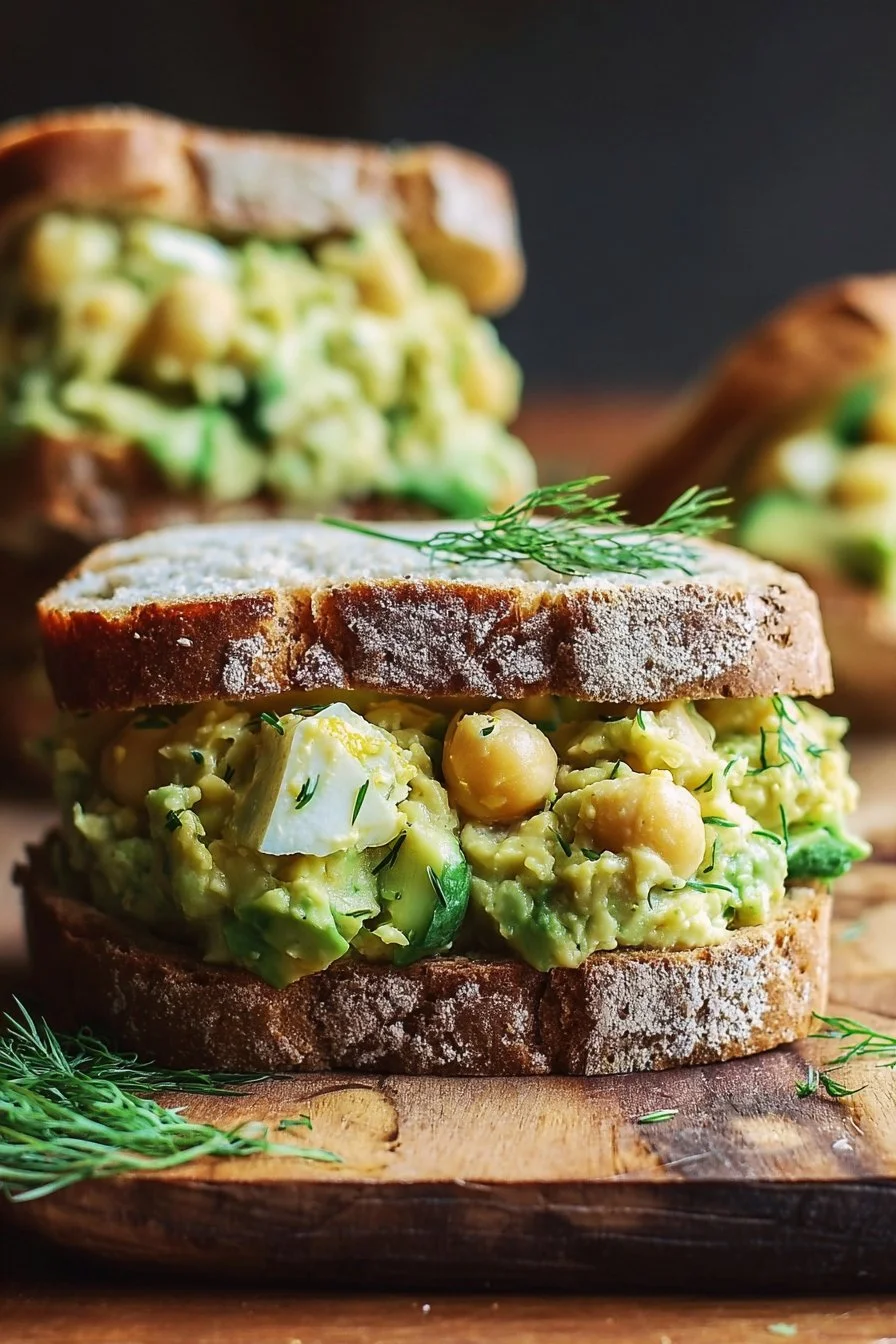 Smashed chickpea avocado dill pickle sandwich on a plate