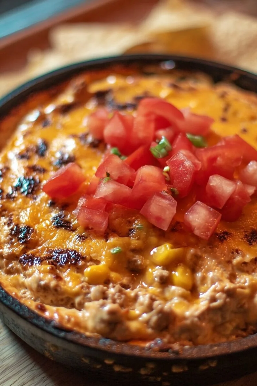 Delicious smoked taco dip served with tortilla chips