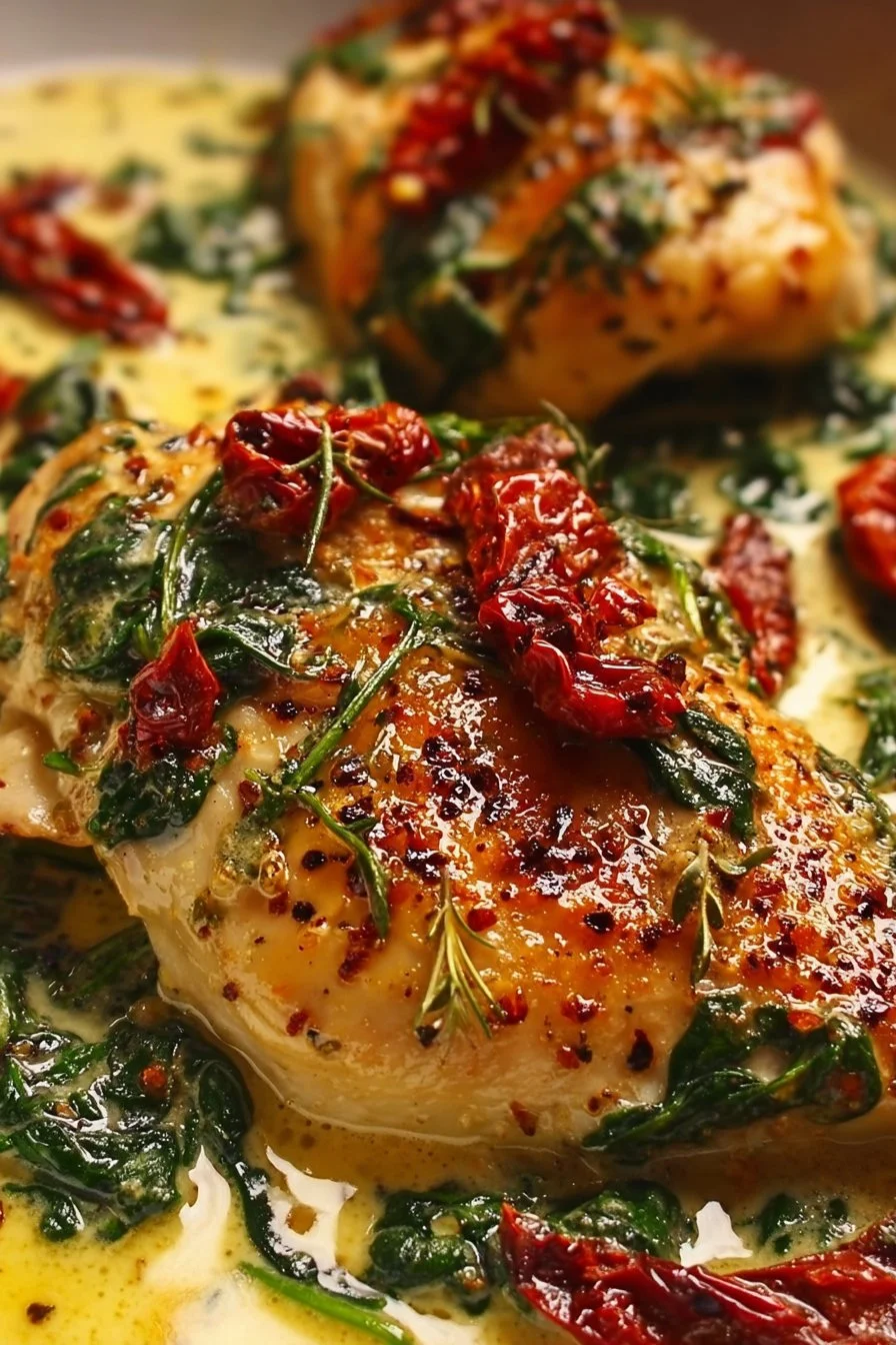 Smothered baked chicken served with creamed spinach and sun-dried tomatoes