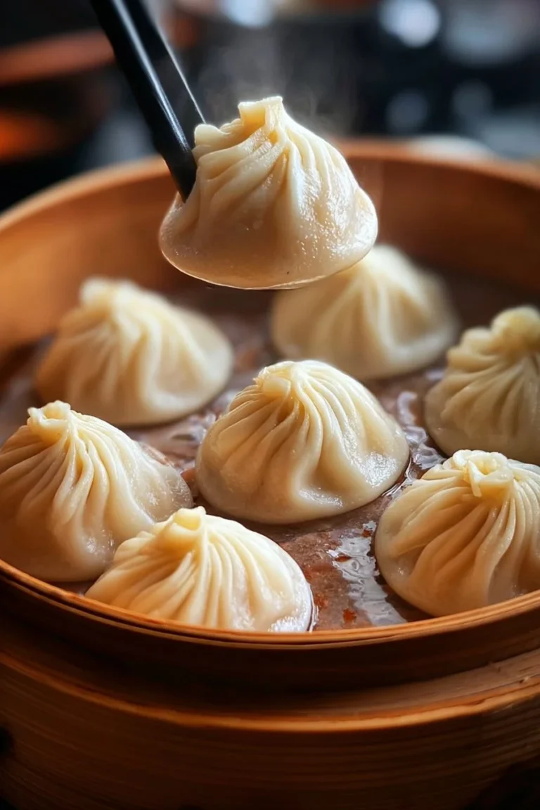 Delicious soup dumplings (Xiao Long Bao) served in a bamboo steamer.