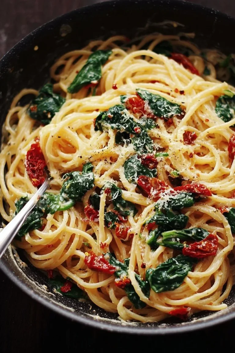 Spaghetti and spinach topped with sun-dried tomato cream sauce