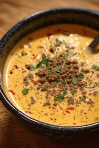 Bowl of spicy cowboy queso served with tortilla chips