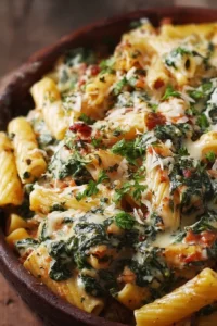 A bowl of delicious Spinach Ziti topped with cheese and herbs