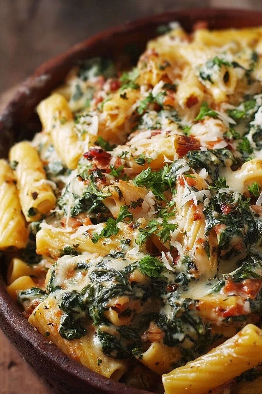 A bowl of delicious Spinach Ziti topped with cheese and herbs