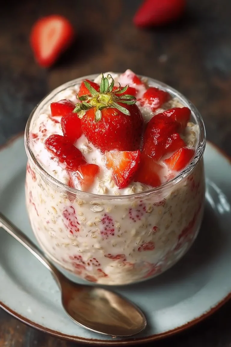 Bowl of delicious strawberries and cream overnight oats topped with fresh strawberries