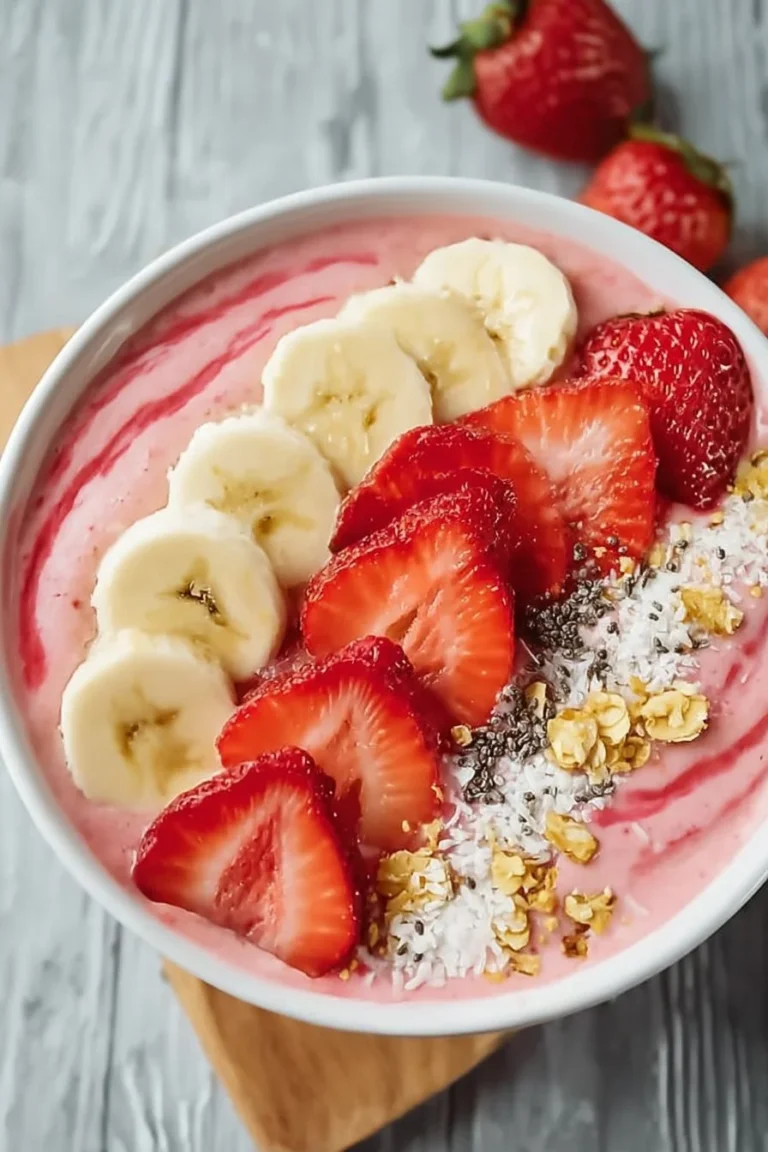 Fresh strawberry banana smoothie bowl topped with fruits and nuts