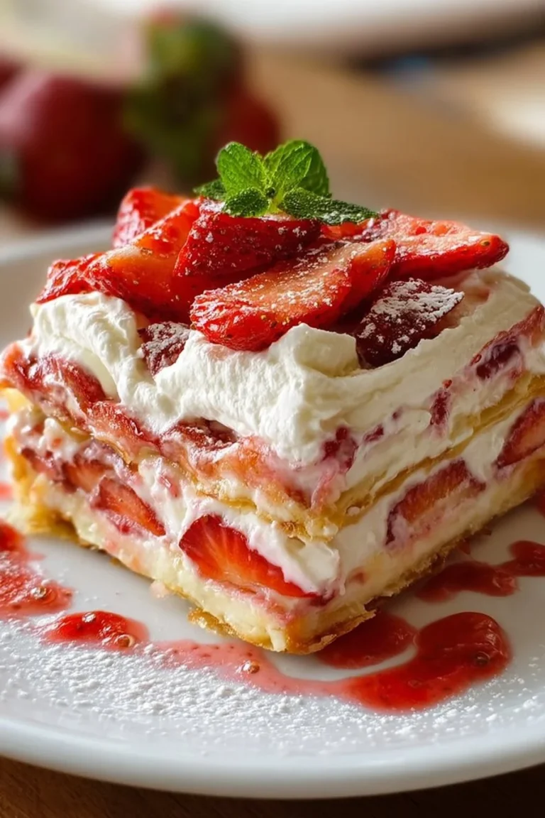 Delicious strawberry lasagna dessert with layers of strawberries and cream