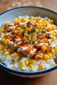 Delicious Street Corn Chicken Rice Bowl with grilled chicken and fresh corn