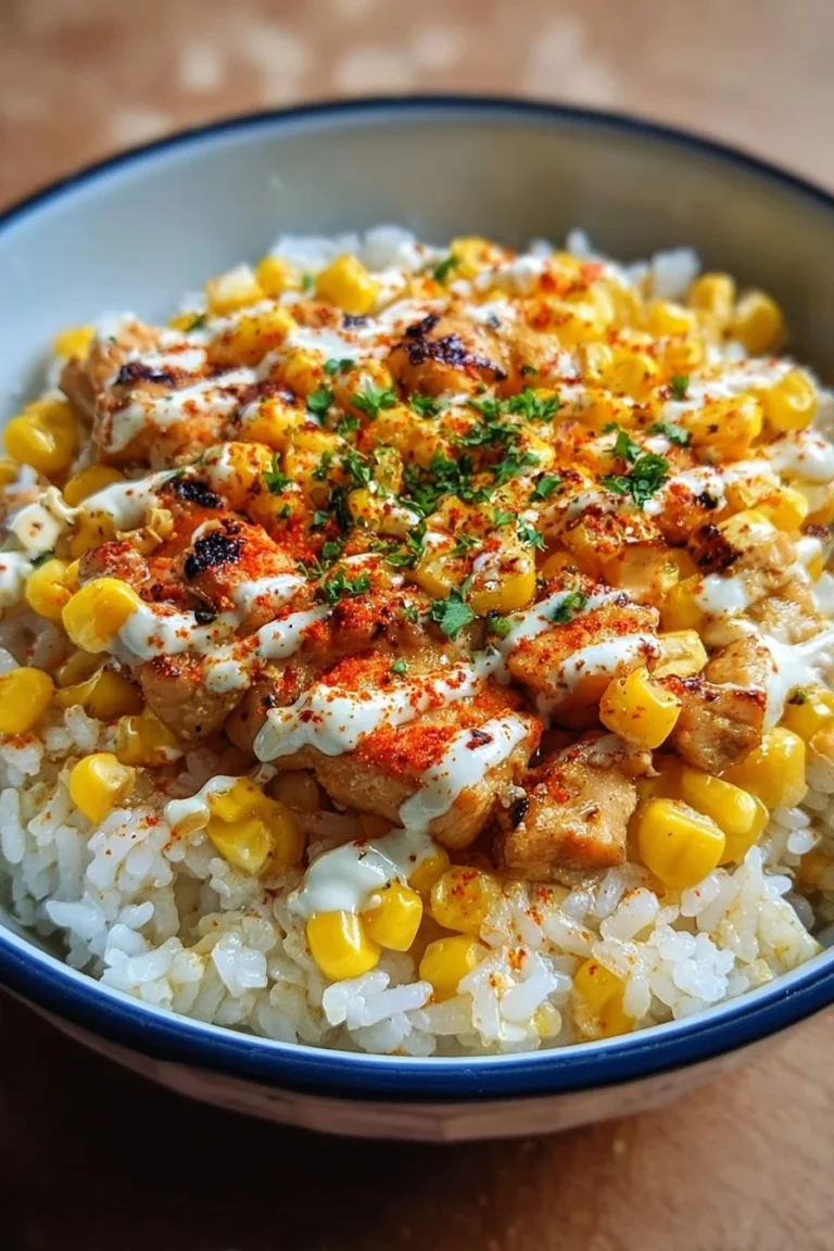 Delicious Street Corn Chicken Rice Bowl with grilled chicken and fresh corn