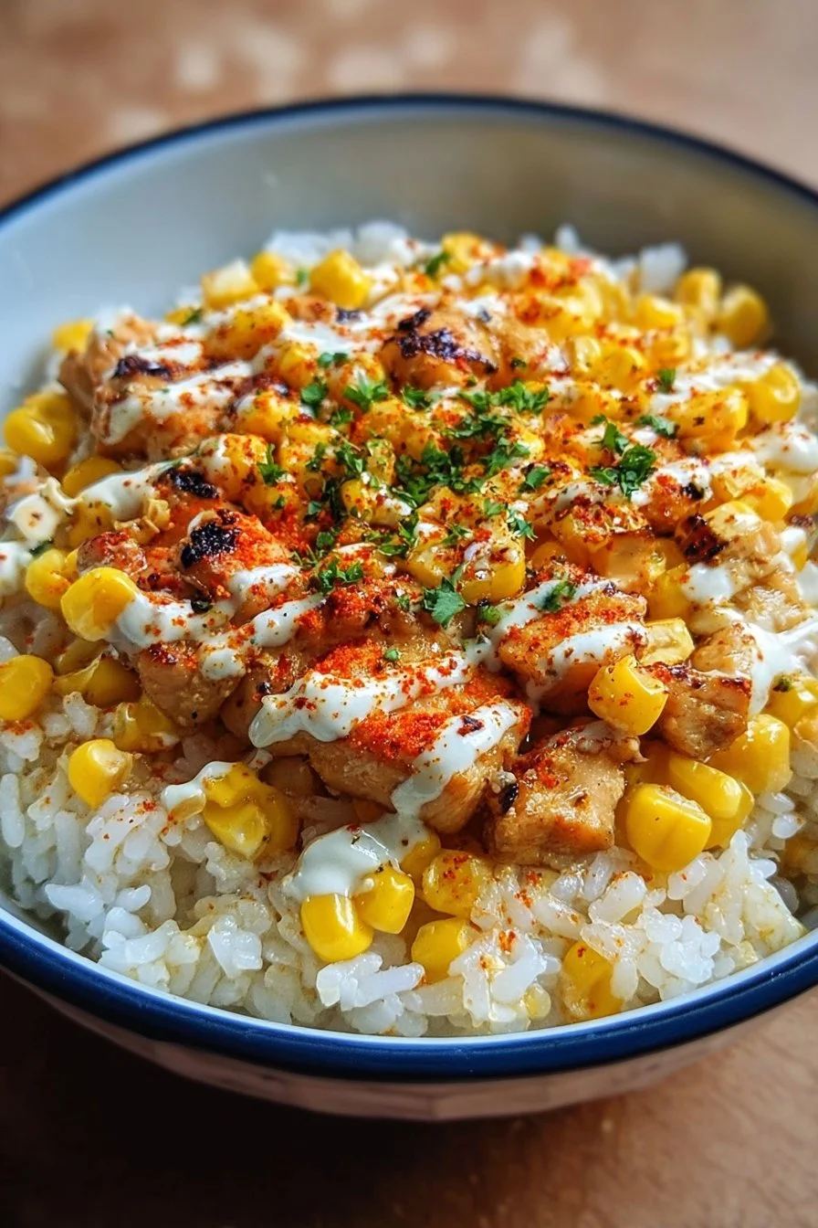 Delicious Street Corn Chicken Rice Bowl with grilled chicken and fresh corn