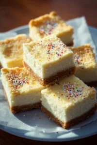 Delicious sugar cookie cheesecake bars with a creamy filling and cookie crust.