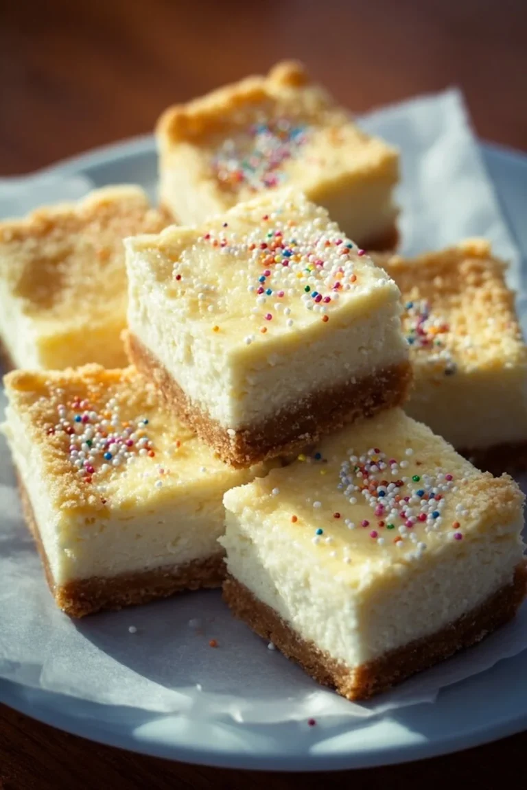 Delicious sugar cookie cheesecake bars with a creamy filling and cookie crust.