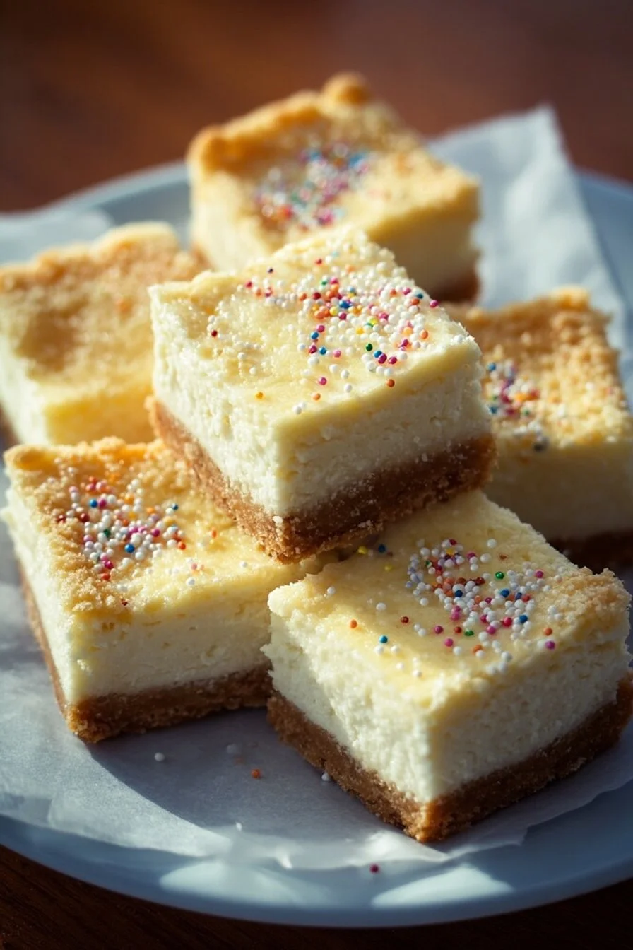 Delicious sugar cookie cheesecake bars with a creamy filling and cookie crust.