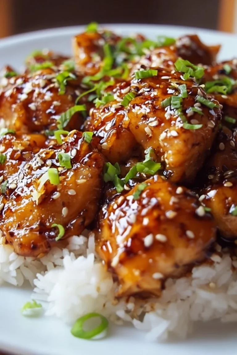 Delicious sweet and spicy sticky chicken garnished with fresh herbs