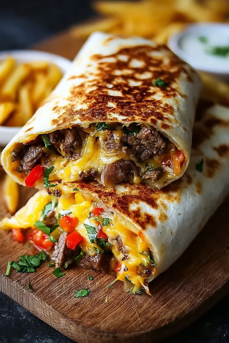 Delicious Steak & Cheese Burritos with fries and toppings served on a plate.