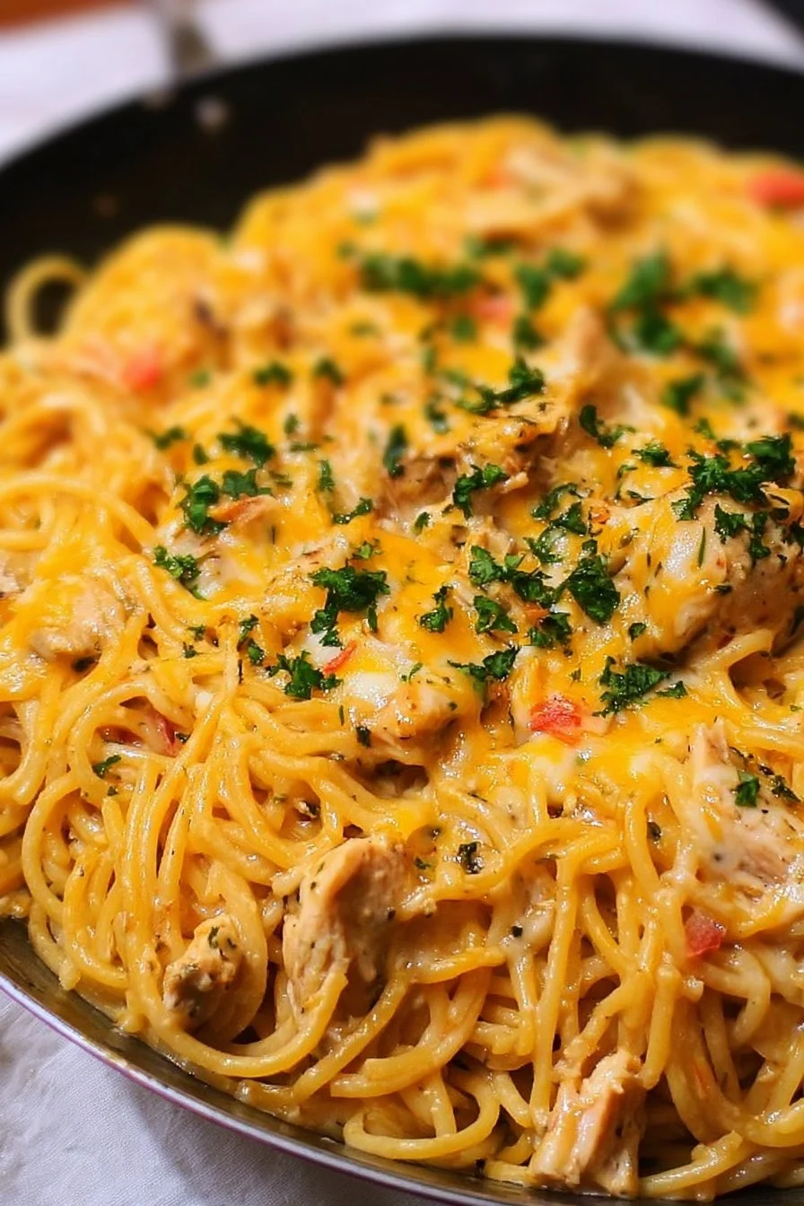 Plate of delicious ultimate chicken spaghetti with herbs and cheese