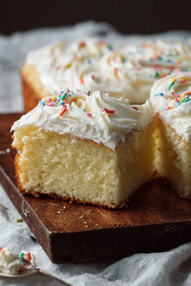 Delicious homemade vanilla sheet cake with frosting and sprinkles.