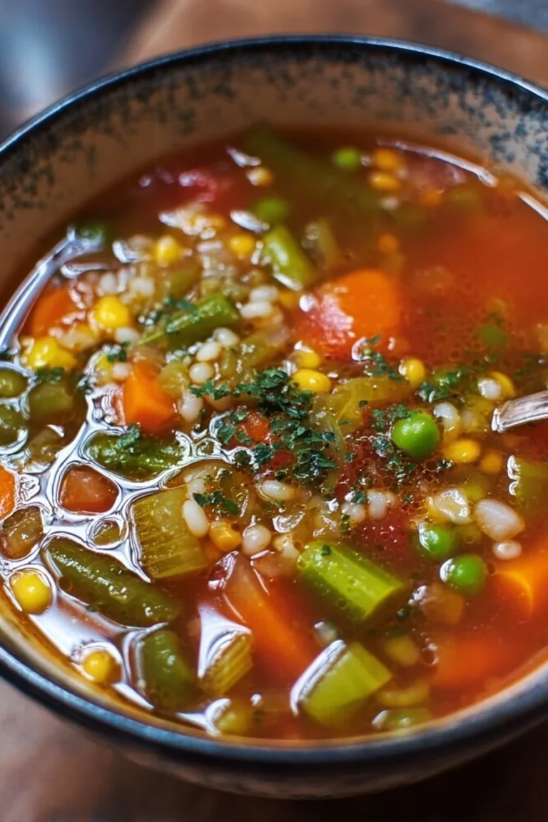 Bowl of colorful vegetable soup made with fresh ingredients.